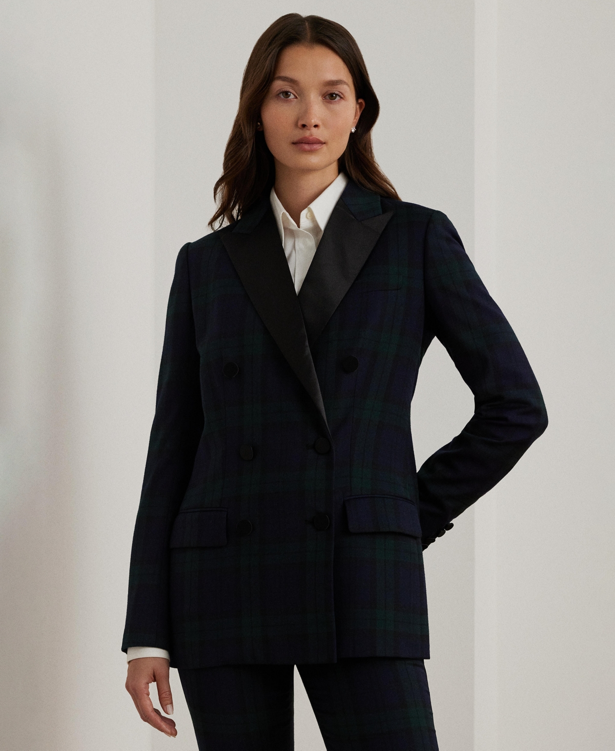 Lauren Ralph Lauren Women's Plaid Double-Breasted Satin-Trim Blazer, Regular & Petite -Navy/Black