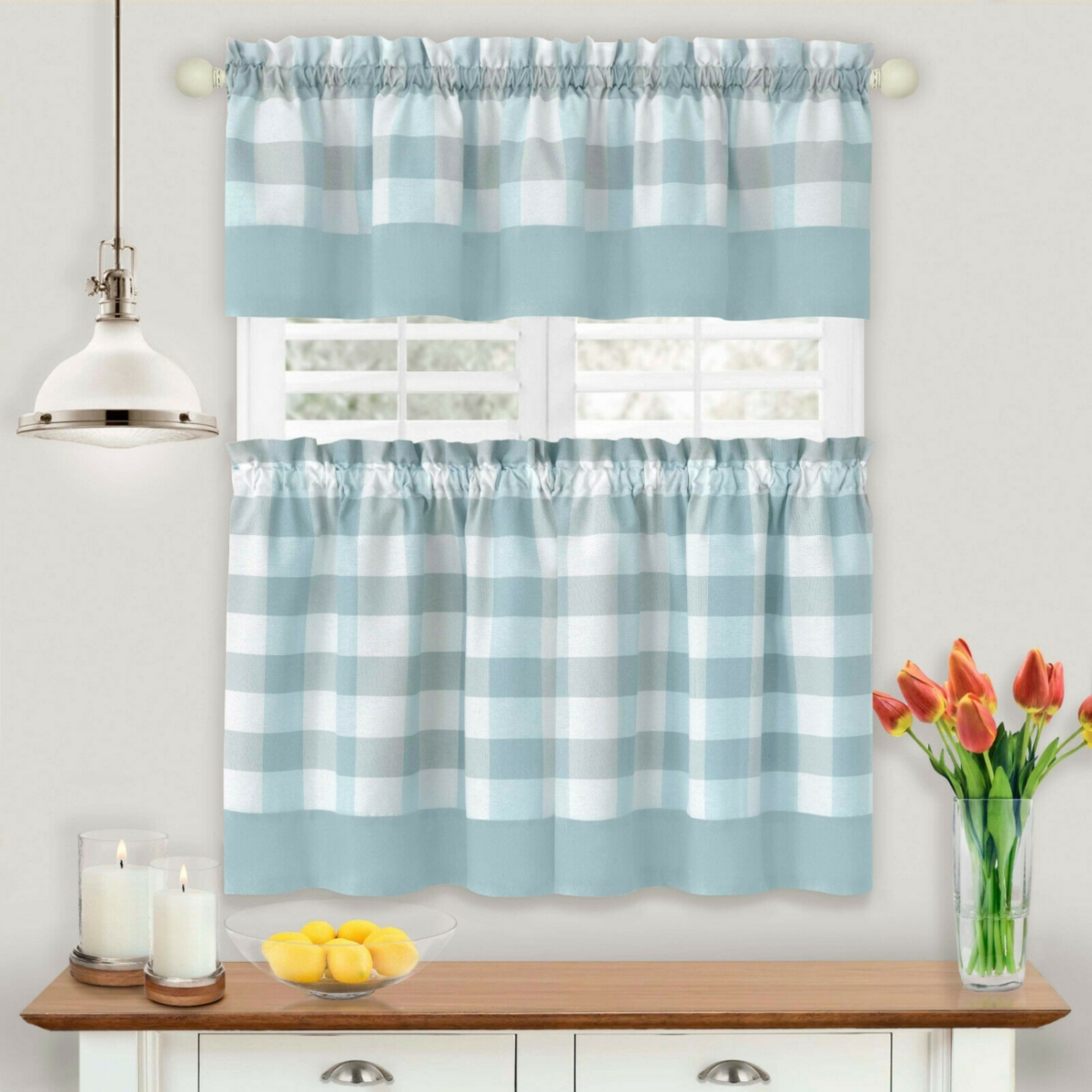 Kate Aurora Modern Country Farmhouse 3 Piece Plaid Checkered Cafe Kitchen Curtain Tier & Valance Set