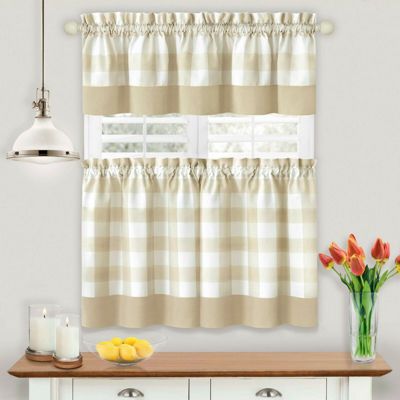 Modern Country Farmhouse 3 Piece Plaid Checkered Cafe Kitchen Curtain Tier and Valance Set