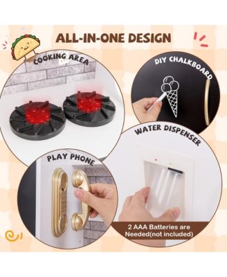 Play Kitchen Toy Set w/ Chalkboard Oven Sink Curtain Microwave Water Dispenser