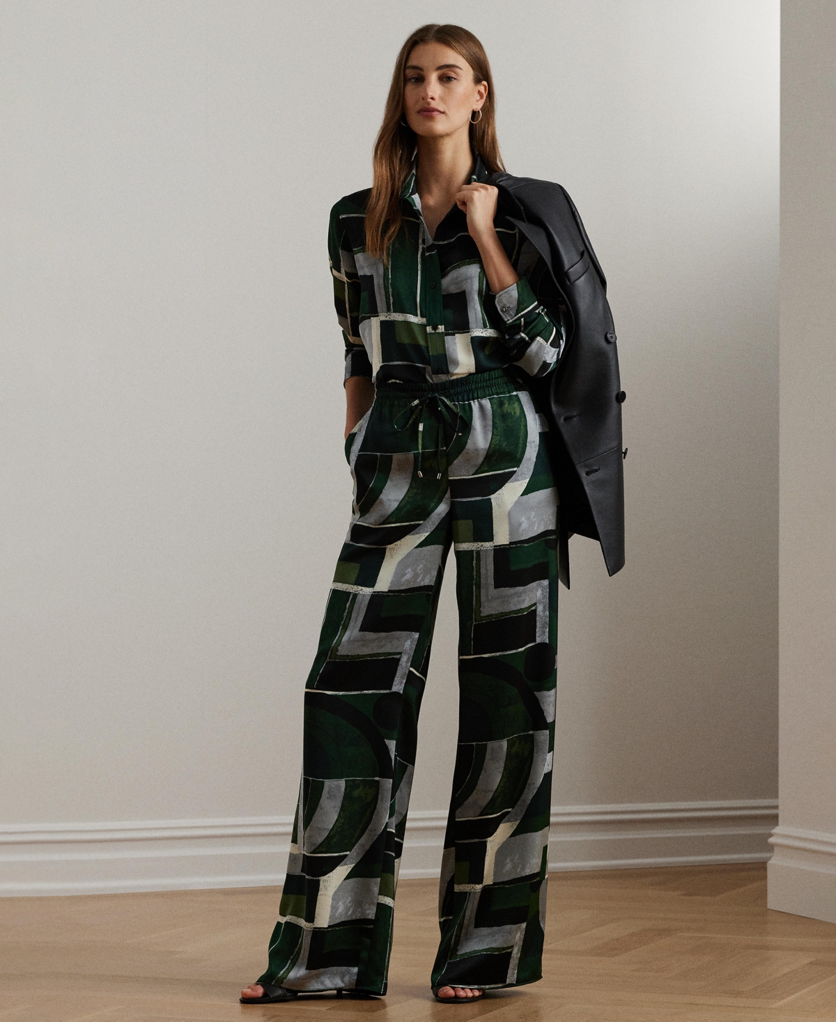Lauren Ralph Lauren Women's Geo-Print Satin Charmeuse Wide-Leg Pants