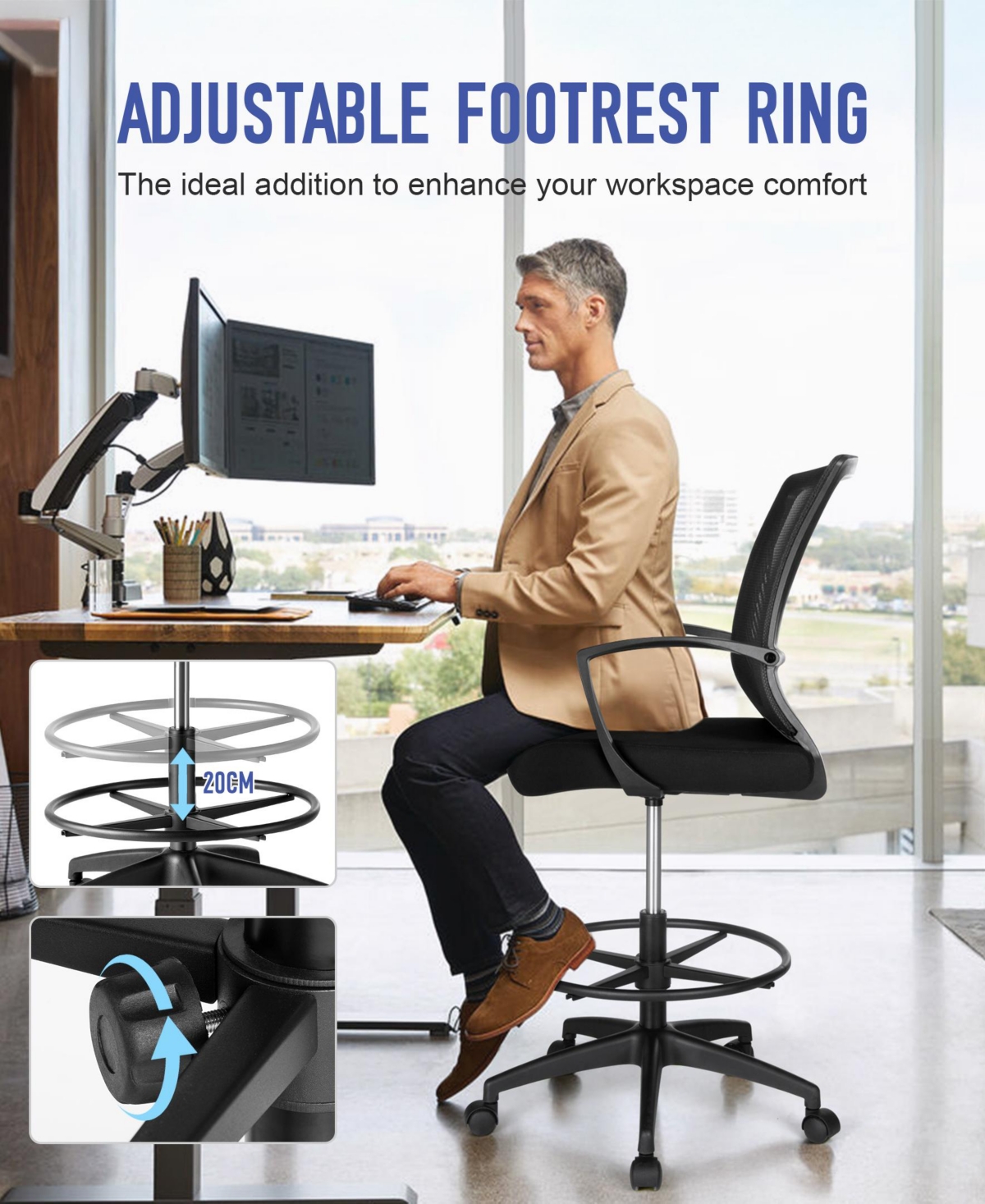 Sugift Ergonomic Drafting Chair Tall Office Chair with Foot Ring, Adjustable Height, Lumbar Support, Mesh Back