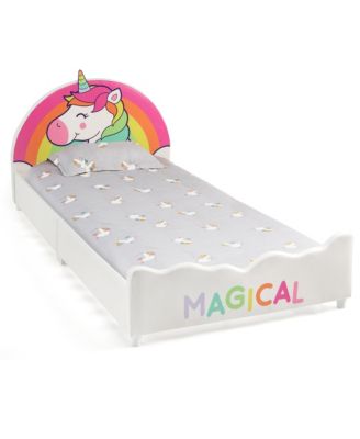 Kids Upholstered Platform Bed Children Twin Size Wooden Bed Unicorn Pattern