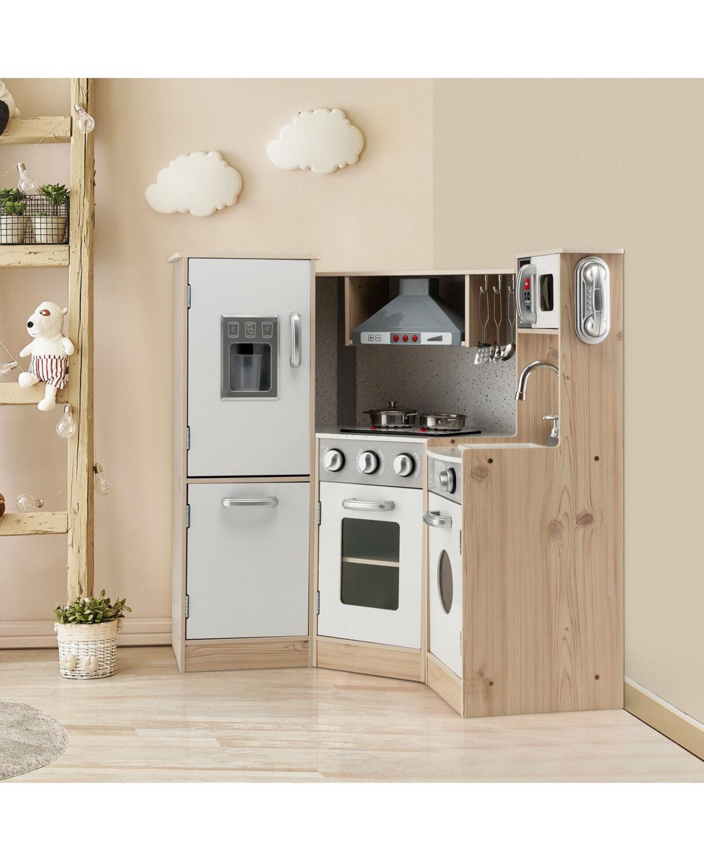 Детский игровой набор SUGIFT Kids Corner Wooden Kitchen Playset with Cookware Accessories, L-Shape Pretend Play Chef Station for Toddlers — фото 7
