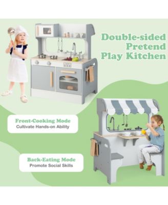 Double Sided Kids Pretend Kitchen Playset with 2-Seat Cafe