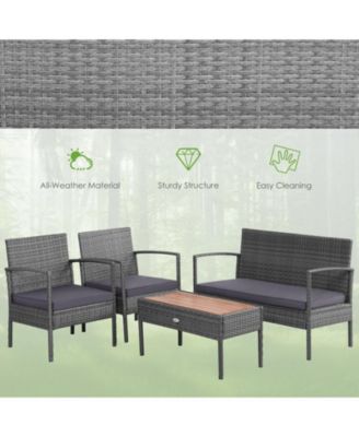 4 Pieces Rattan Patio Conversation Furniture Set with Acacia Wood Tabletop