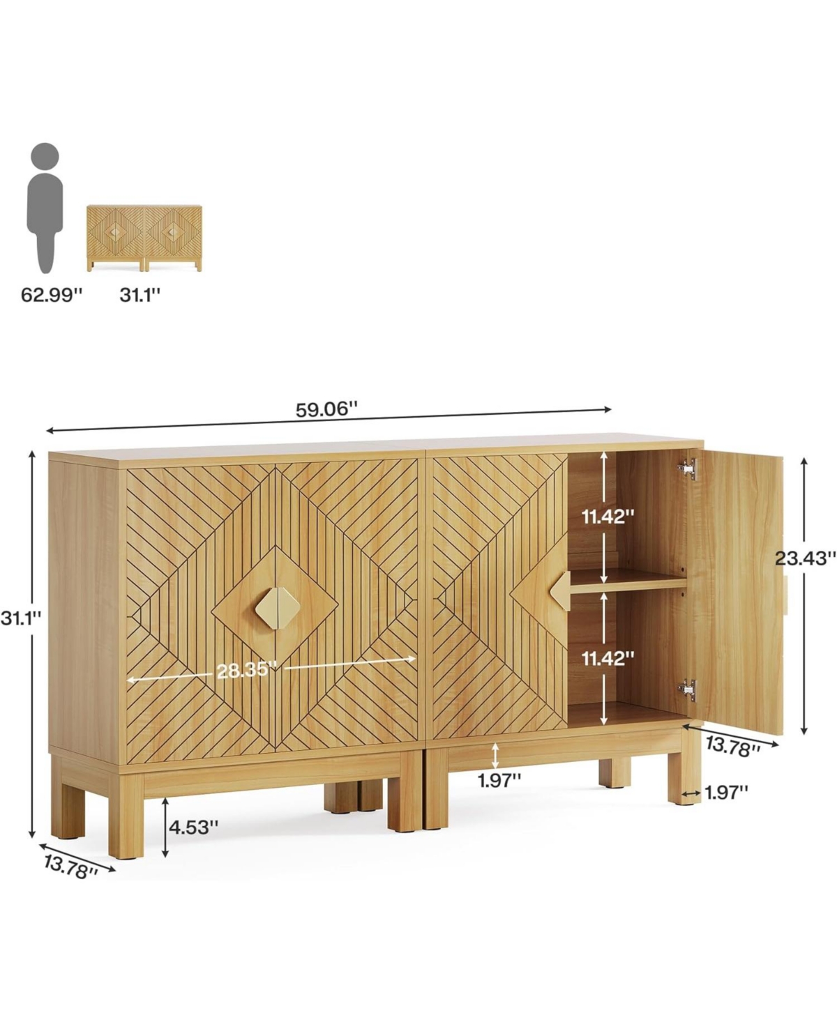 Tribesigns Sideboard Buffet Cabinet, Set of 2 Farmhouse Storage Cabinet with 2 Doors, Wood Accent Coffee Buffet Cabinet for Living Room, Bedro