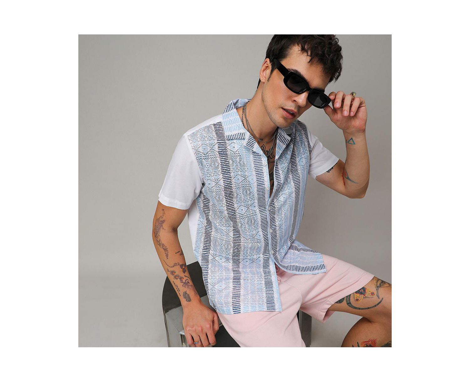 Men's Sky Blue & Midnight Black Fish Eye Ethnic Shirt