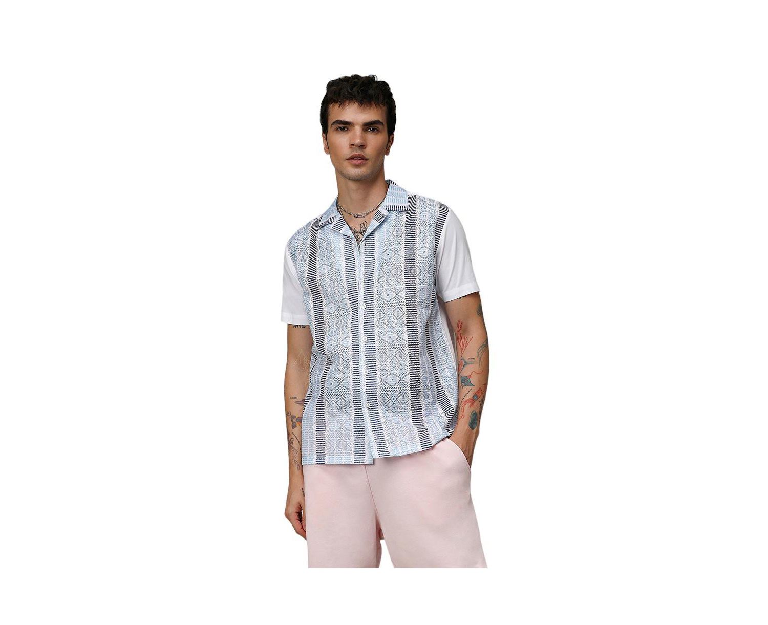 Men's Sky Blue & Midnight Black Fish Eye Ethnic Shirt