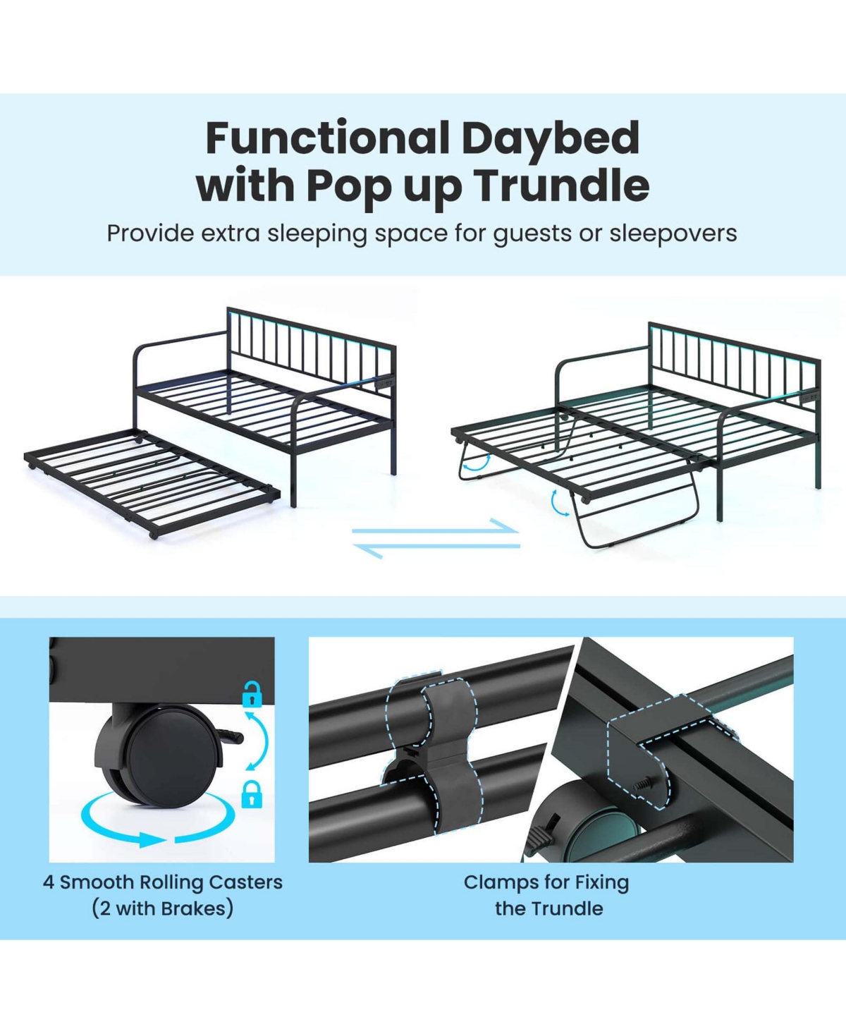 Costway Twin Daybed Adjustable Sofa Bed Frame with Charging Station & Led Lights