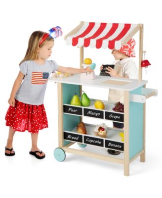 Kids Ice Cream Cart Wooden Toddler Farmers Market Stand W/ Chalkboard & Storage