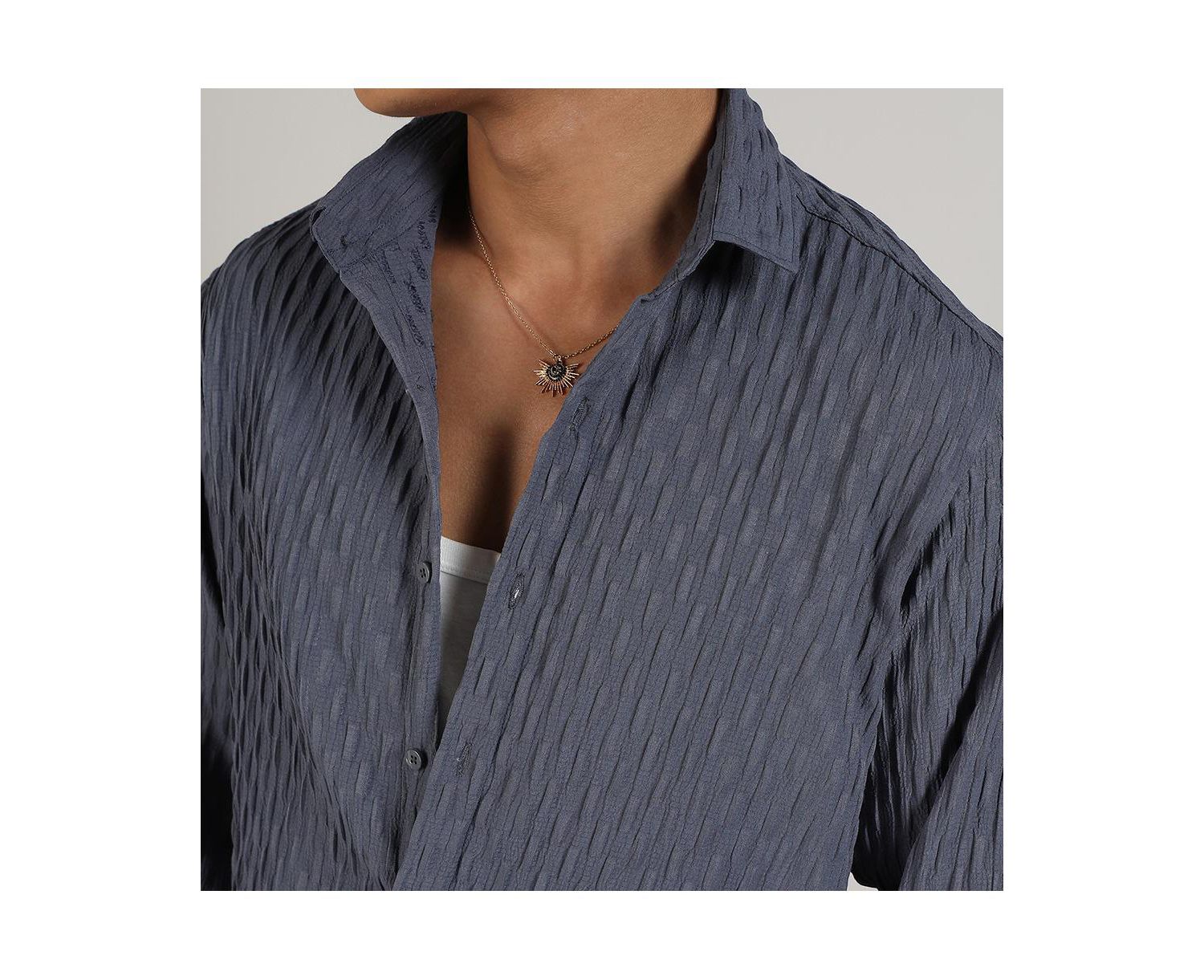 Men's Prussian Blue Crinkled-Weave Shirt