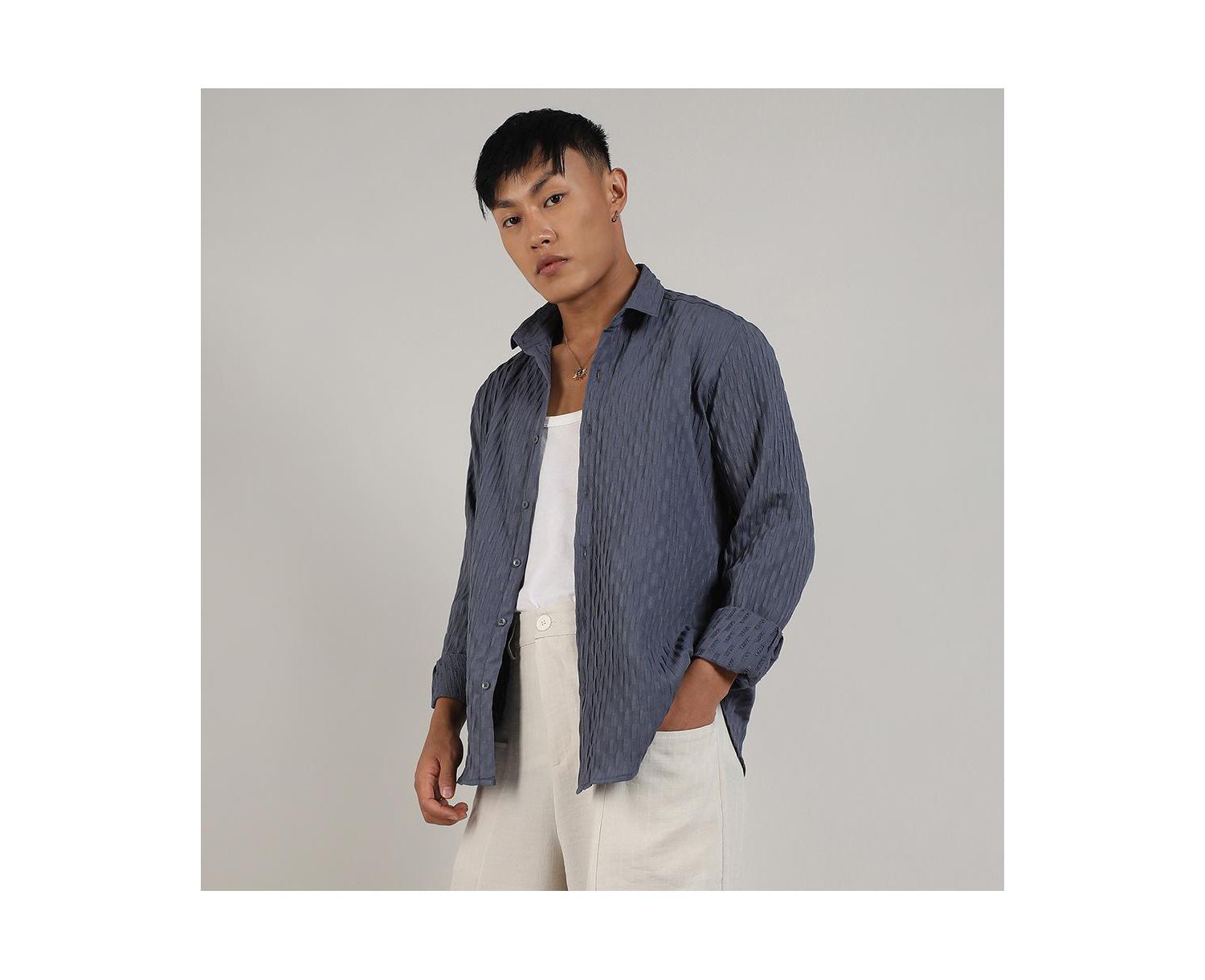 Men's Prussian Blue Crinkled-Weave Shirt