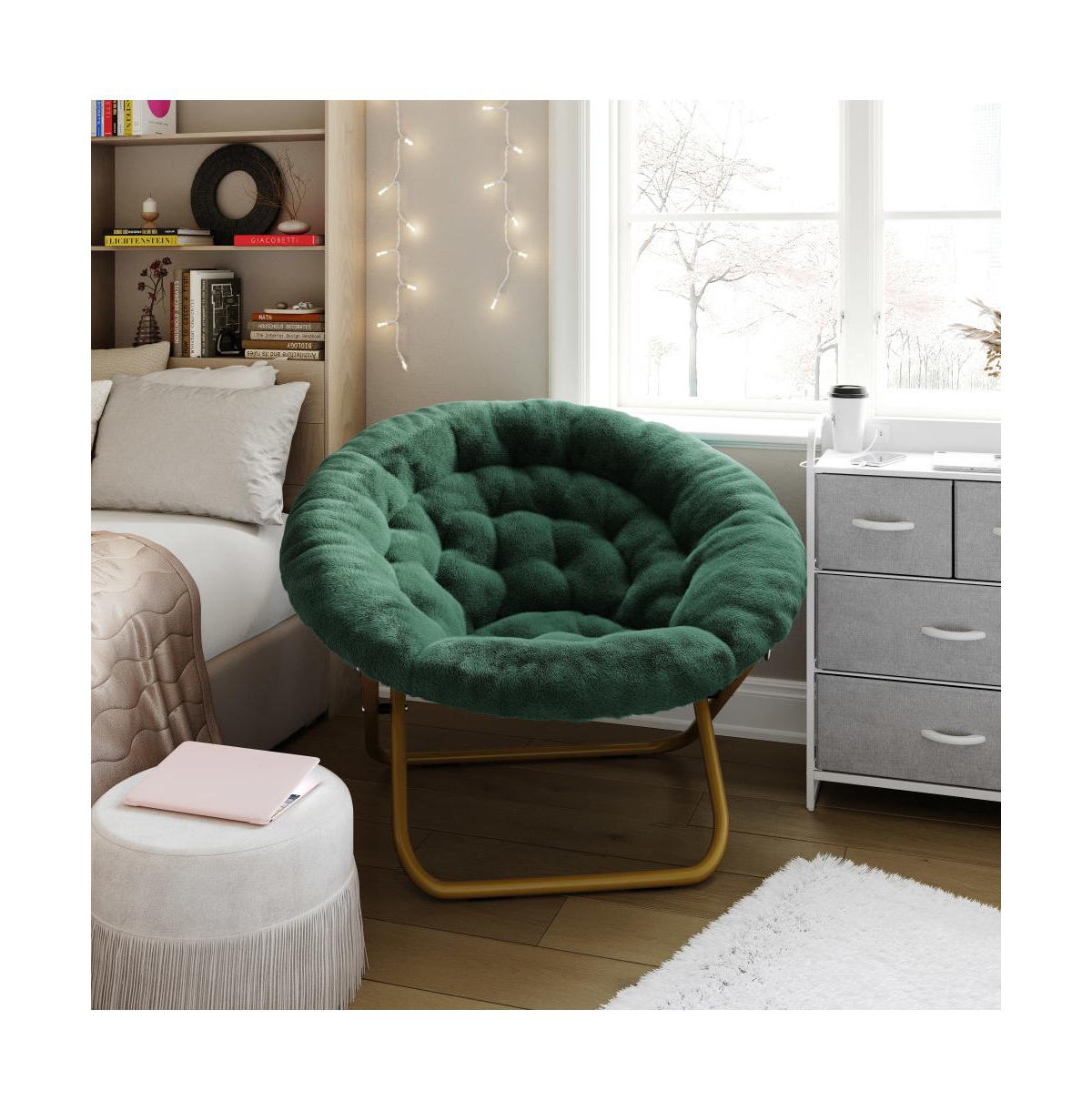 Emma+Oliver Ersa Oversize Saucer Chair With Cozy Faux Fur Cushion And Metal Frame For Dorms, Bedrooms, Apartments And More - s