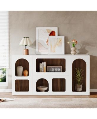 59" White Console Table, Modern Entryway Table, Wooden Storage Organizer Entrance Table with 6 Compartments, Long Sofa Table