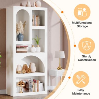 70" Tall Geometric Bookshelf, White Arched Bookcase with 5 Irregular Storage Shelves, Modern Open Art Decor Display Shelf Free-Standing