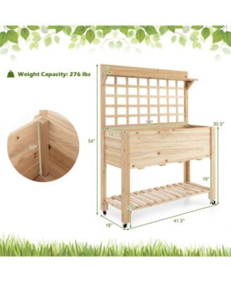 Wooden Raised Garden Bed with Wheels Trellis and Storage Shelf