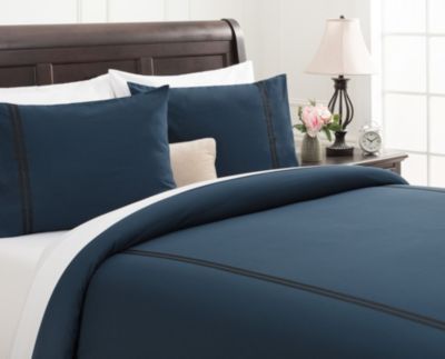 Premium Bordered Navy Duvet Comforter Cover Bedding Set Queen Size - Stich 3-Piece Set Luxurious Minimalist Style Brushed Microfiber Comforter Cover - Ultra Soft Breathable Stain Resistant