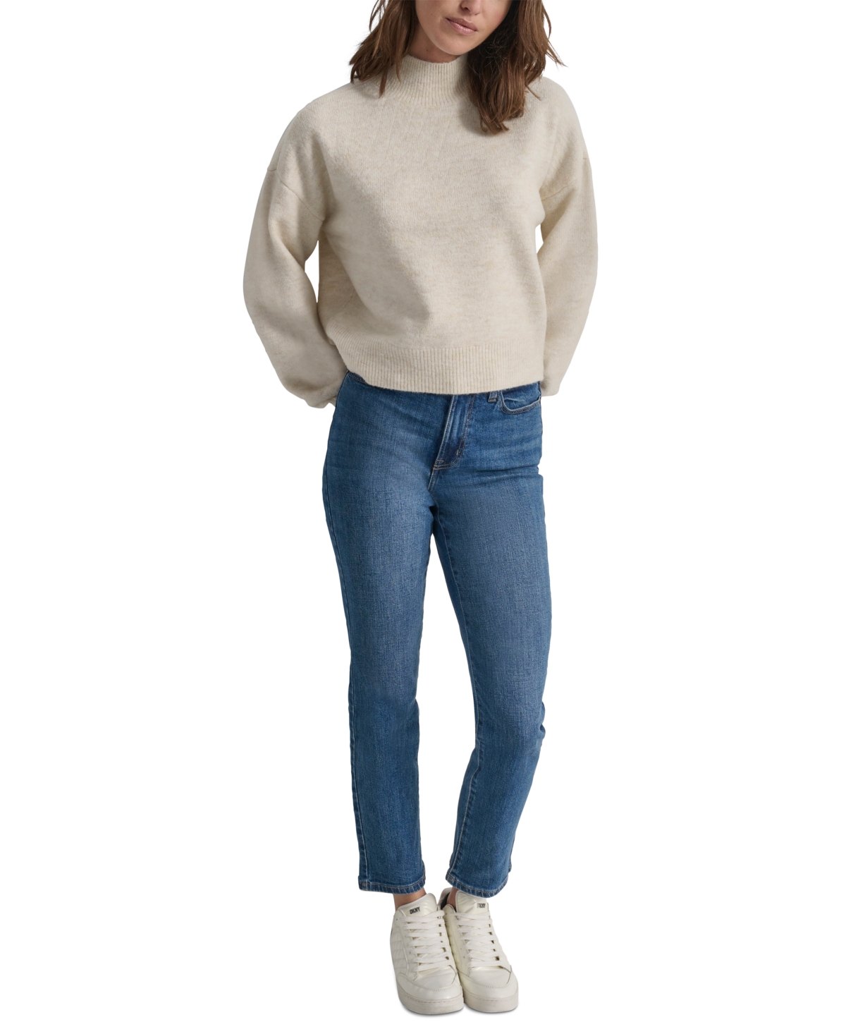 DKNY JEANS WOMEN'S PETITE MOCK NECK BOXY CROPPED SWEATER 