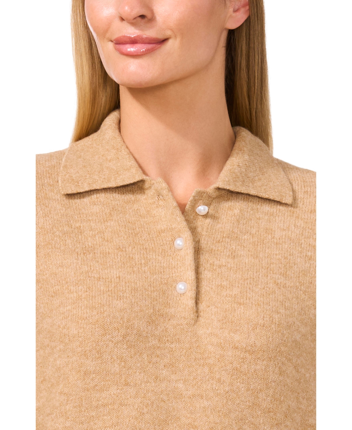 Cece Imitation Pearl Button Polo Sweater In Latte Heather