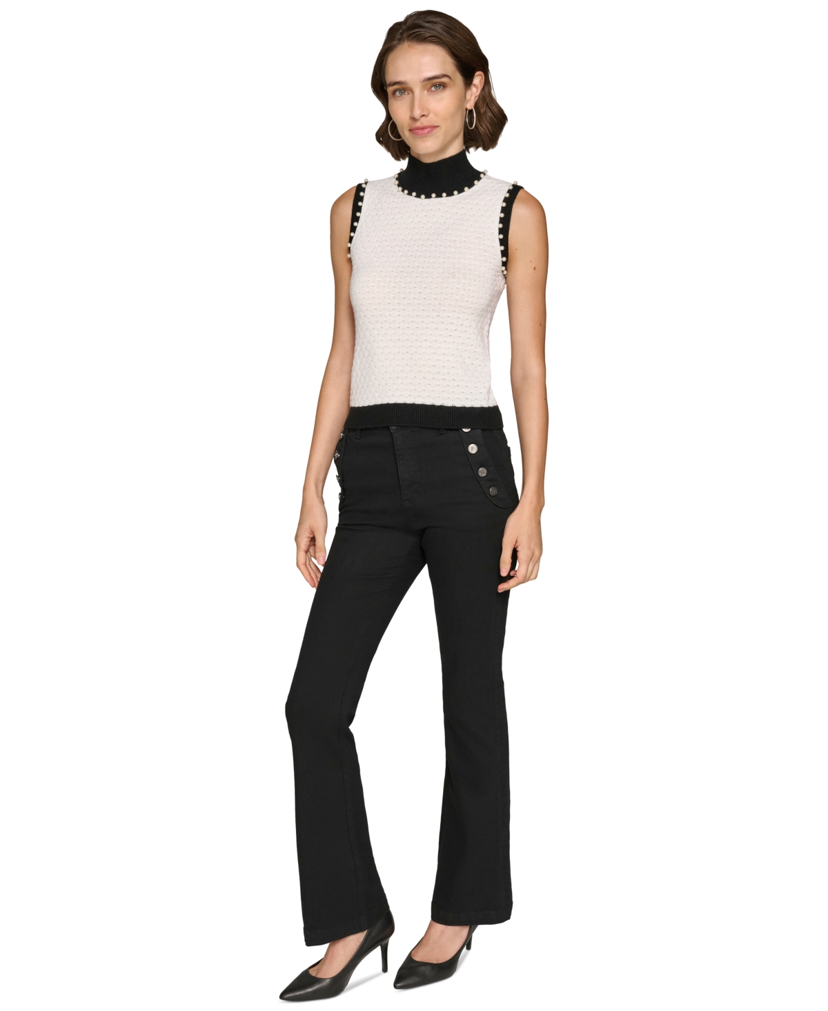 Karl Lagerfeld Paris Women's Sleeveless Mock Neck Pearl Sweater