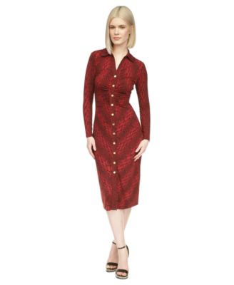 Women's Collared Button-Up Long Sleeve Midi Dress