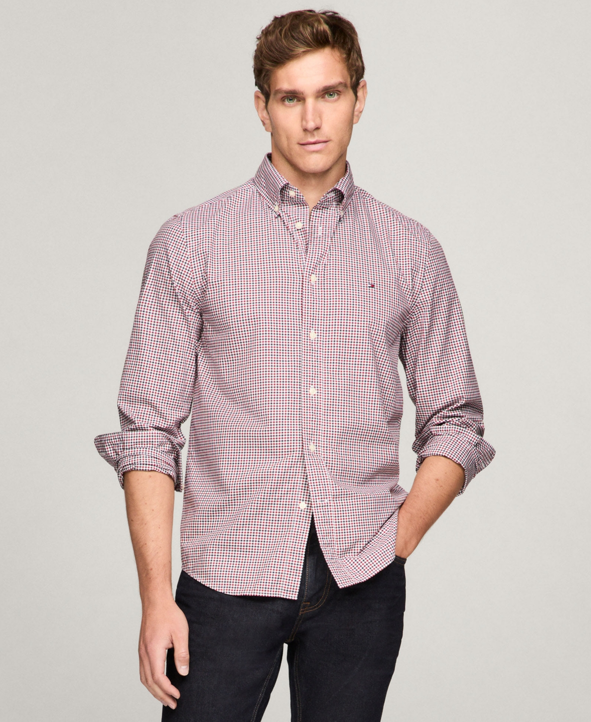 Men's Regular-Fit Flex Gingham Check Button-Down Poplin Shirt - Classic Pink / Optic White
