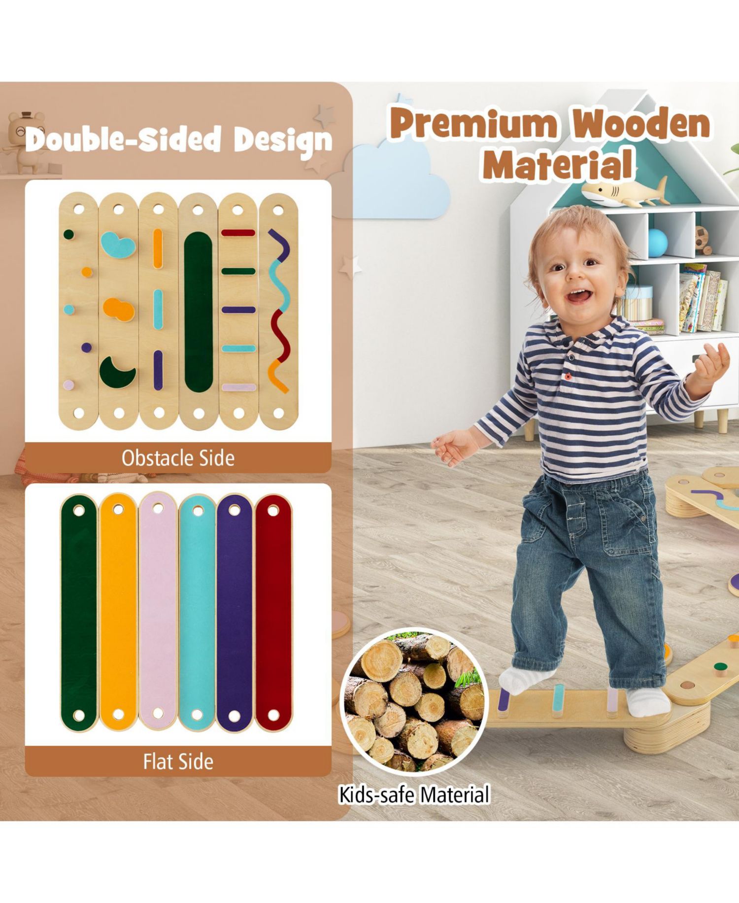 Baby Wooden Obstacle Balance Beams and Stepping Stones, 19-Piece Set