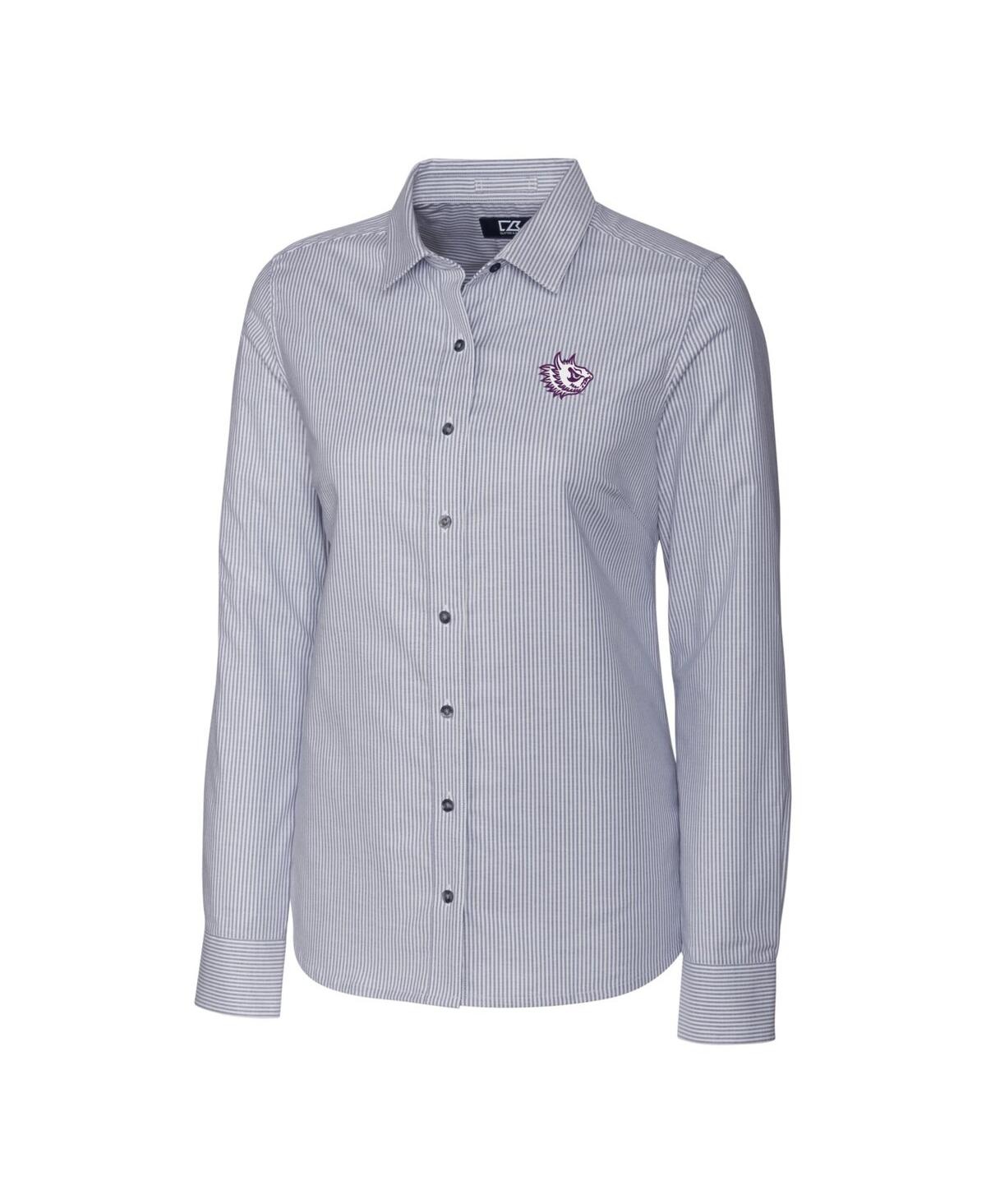 CUTTER & BUCK WOMEN'S CHARCOAL TCU HORNED FROGS OXFORD STRIPE STRETCH LONG SLEEVE BUTTON-UP SHIRT 