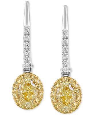 EFFY&reg; Yellow Diamond (1-1/10 ct. t.w.) & White Diamond (1/10 ct. t.w.) Oval Halo Leverback Drop Earrings in 18k Two-Tone Gold