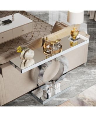 Mirrored Console Table with O-Shaped Base, 43-Inch Modern Entryway Table Glass Sofa Table with Mirror Finish, Rectangle Narrow Accent Foyer Table for Entrance Hallway Living Room, Silver
