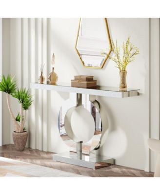 Mirrored Console Table with O-Shaped Base, 43-Inch Modern Entryway Table Glass Sofa Table with Mirror Finish, Rectangle Narrow Accent Foyer Table for Entrance Hallway Living Room, Silver