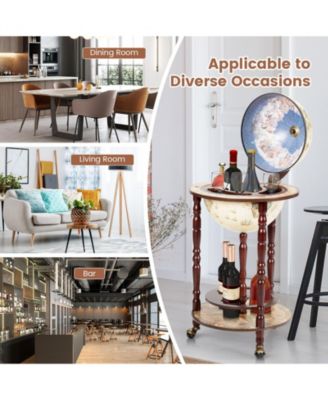 17 Inch Italian Style Design Wooden Globe Liquor Bottle Wine Rack with Wheels