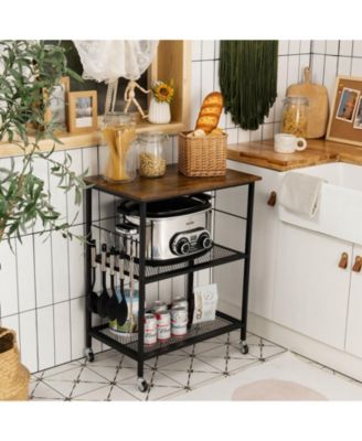 3-Tier Kitchen Serving Cart Utility Standing Microwave Rack with Hooks