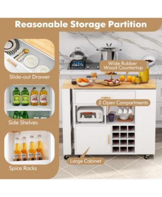 Reversible Folding Kitchen Island Cart with Wine Rack and Spice Rack