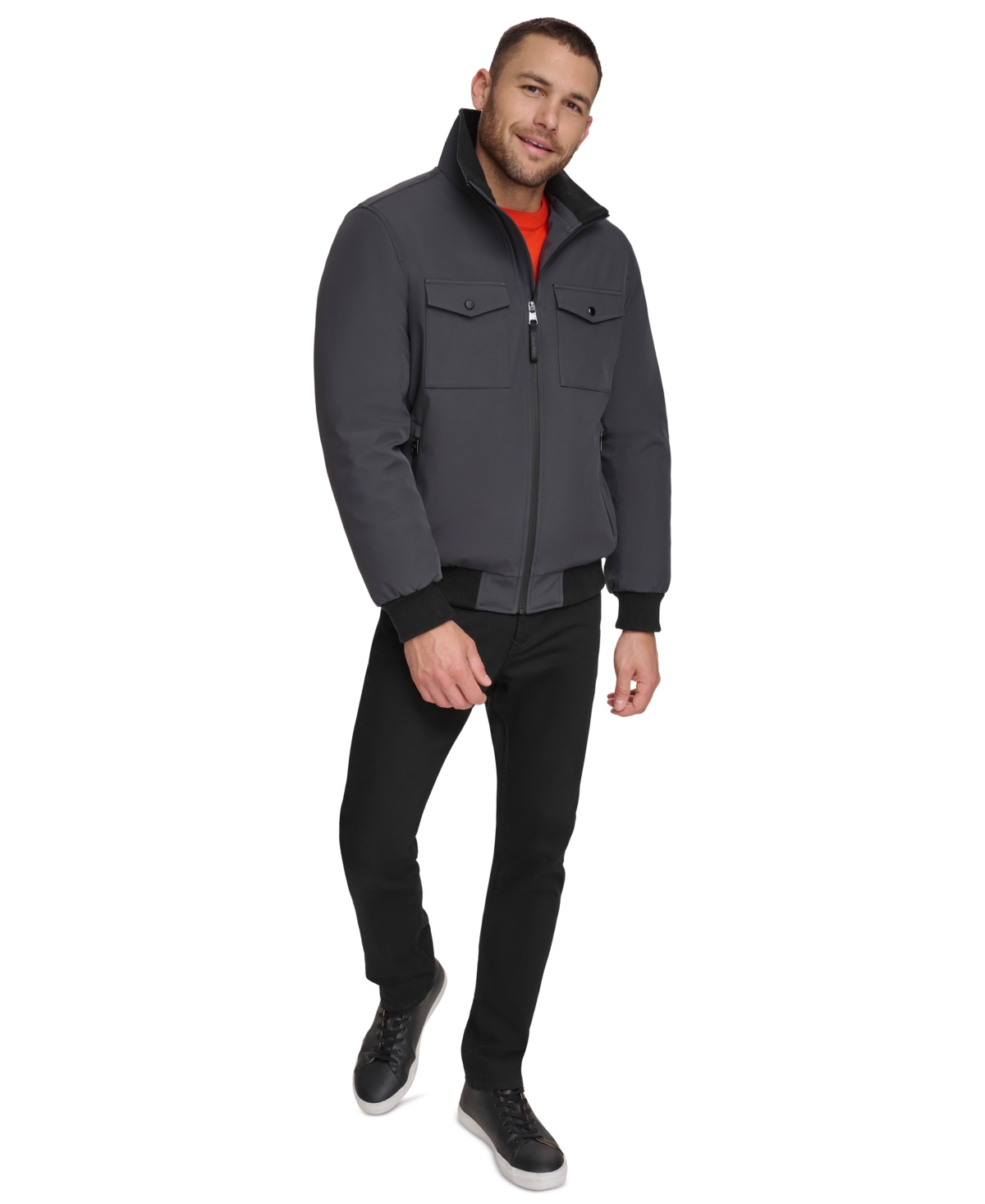 Calvin Klein Water Resistant Flextech Stretch Bomber Jacket In Iron