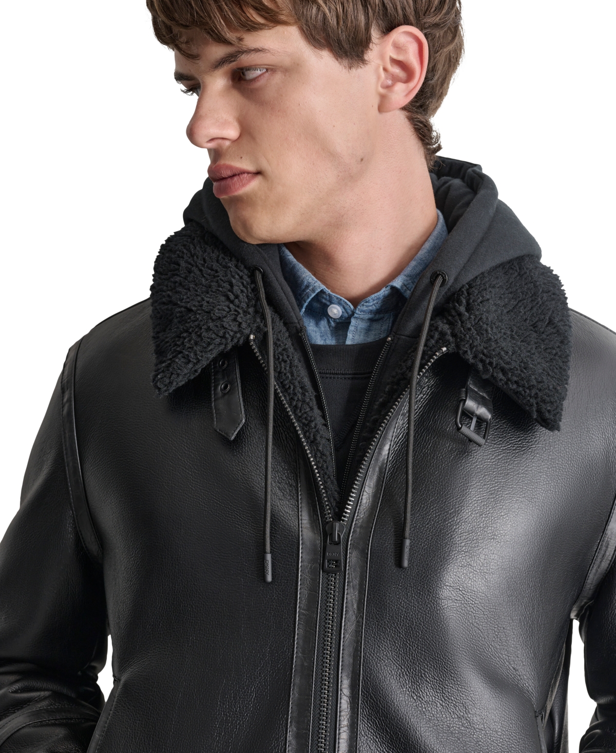 DKNY MEN'S FAUX LEATHER JACKET WITH REMOVABLE FAUX FUR BIB 