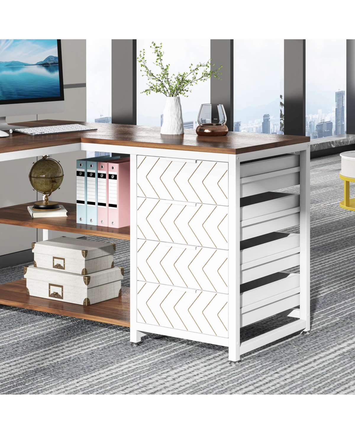 Tribesigns L Shaped Computer Desk with Storage Drawers, 59 inch Corner Desk with Shelves, Reversible L-Shaped Office Desk Study Writing Table Workstat