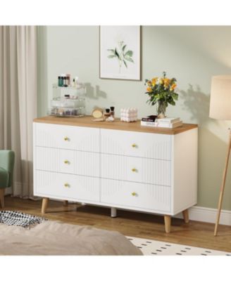 6 Drawer Dresser, 47 inch Modern White Dresser for Bedroom, Wide Large Double Dresser Wood Storage Organizer Chest of Drawers for Closet Living Room Hallway Entryway