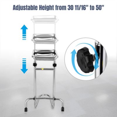 Mobile Mayo Stand Stainless Steel with 2 Pcs Trays on Wheels Adjustable for Hospital Dental Salon