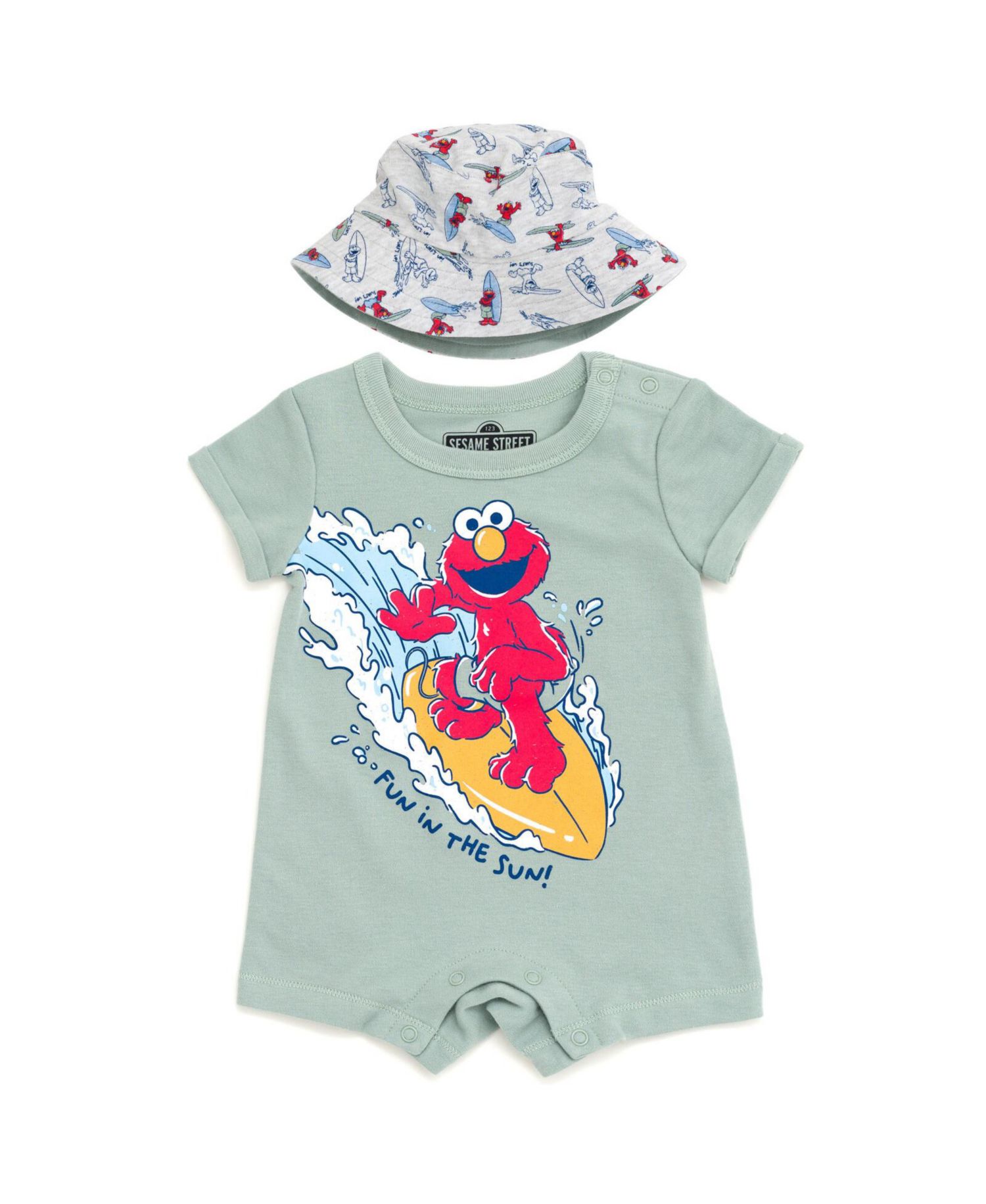Baby Boys Elmo Cookie Monster Bird Romper and Bucket Sun Hat Newborn to