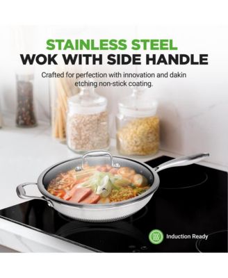 12'' Durable Wok with Side Handle - Triply Stainless Steel Cookware, DAKIN Etching Non-Stick Coating Inside and Outside