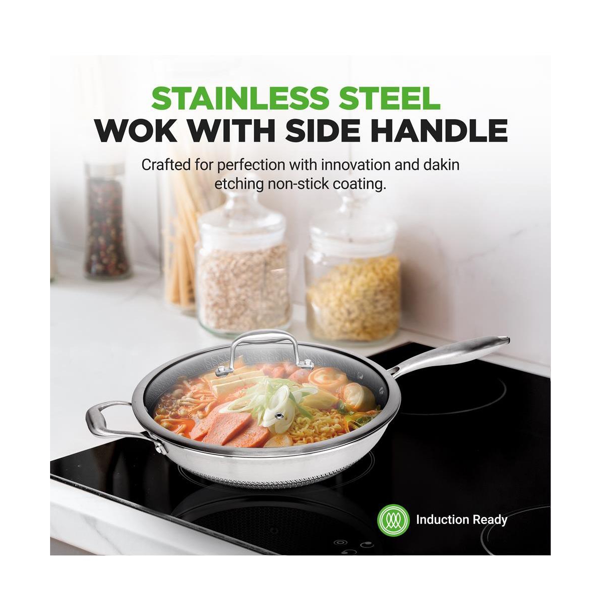 NutriChef 12'' Durable Wok with Side Handle - Triply Stainless Steel Cookware, Dakin Etching Non-Stick Coating Inside and Outside - Assorted Pre-pack