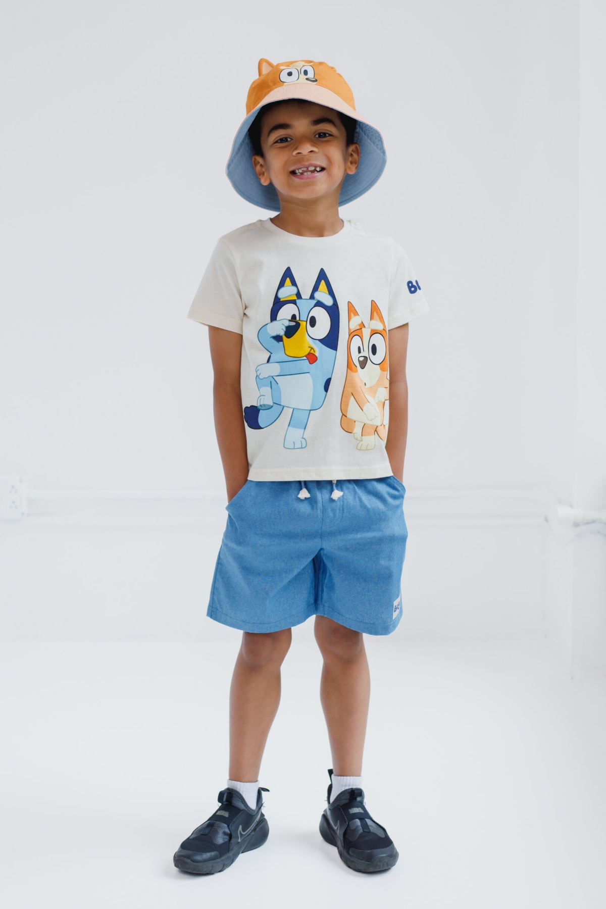 Bluey Toddler Boys T-Shirt Chambray Shorts and Twill Bucket Sun Hat 3 Piece Outfit Set -/ orange
