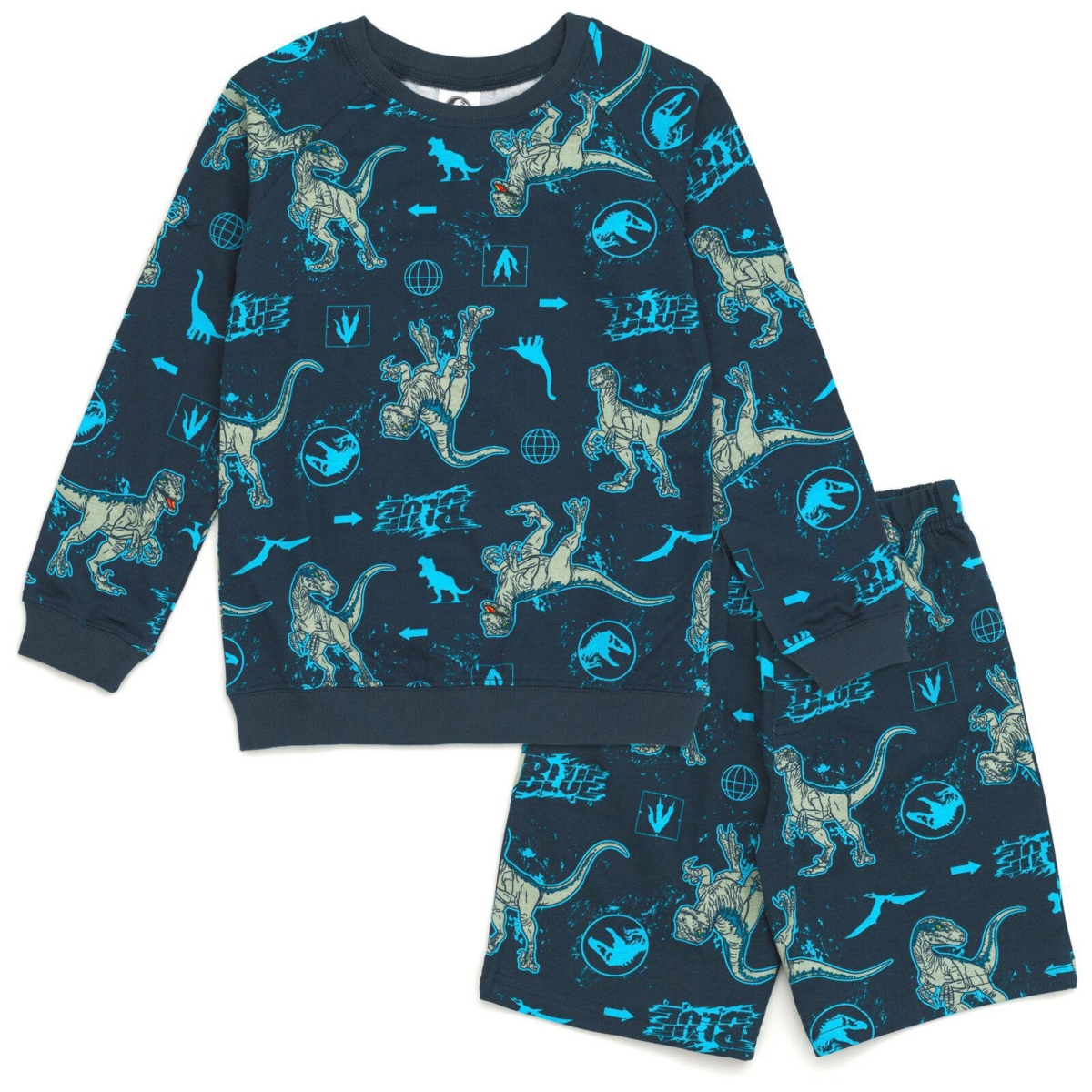Jurassic World Boys Park Blue French Terry Sweatshirt and Bike Shorts to