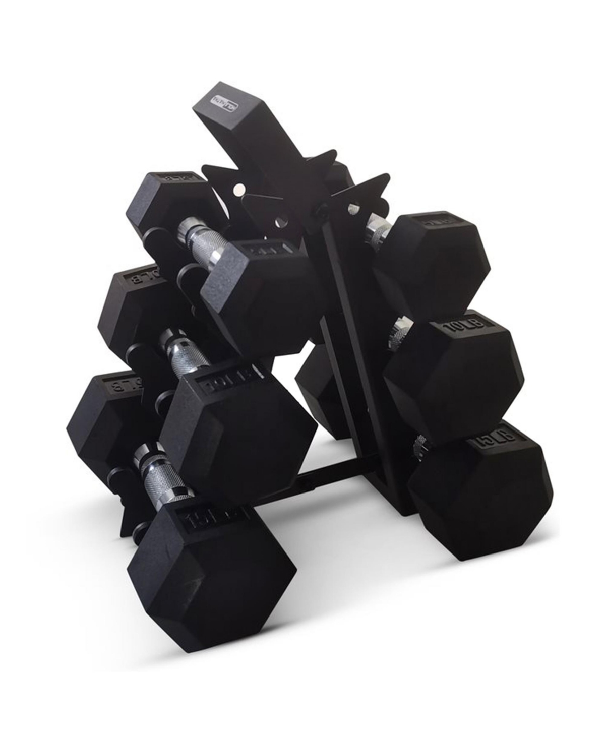 Hexagonal Dumbbell Free Hand Weight Set w/Rack, 5, 10, & 15 Lbs, Black - Black