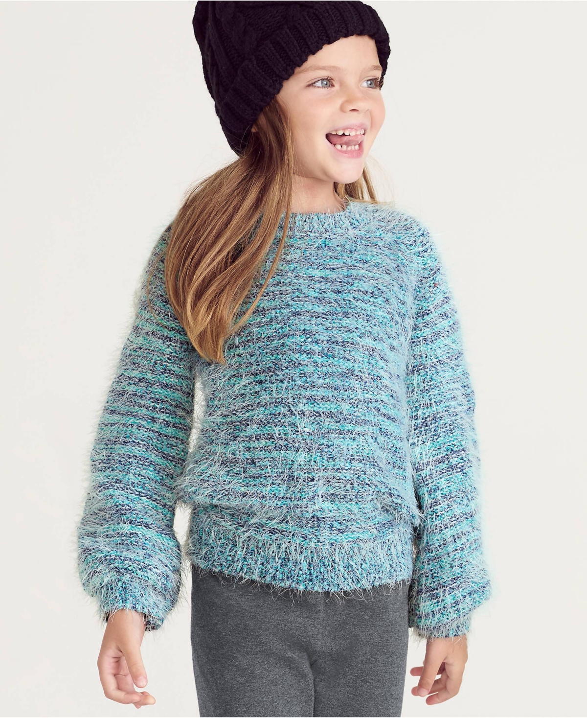 Lands' End Girls Chenille Blouson Sleeve Sweater -white multi