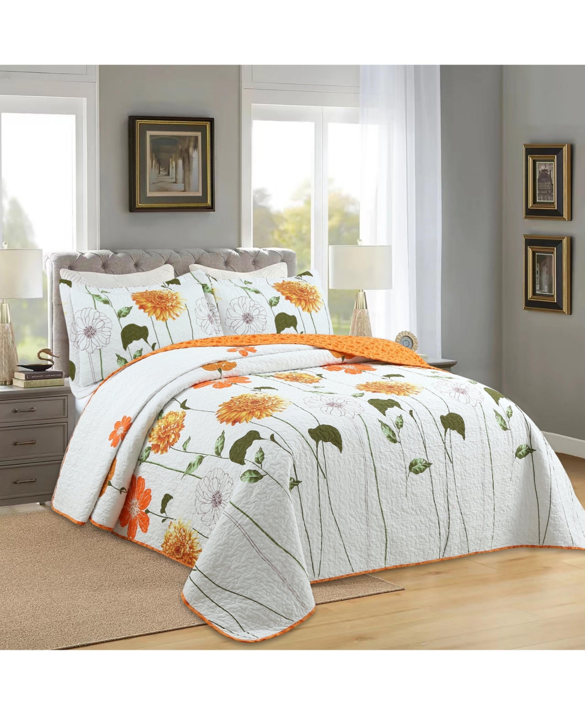 MarCielo 3 Piece 100% Cotton Printed Floral Quilt Set Lightweight Bedspread Set