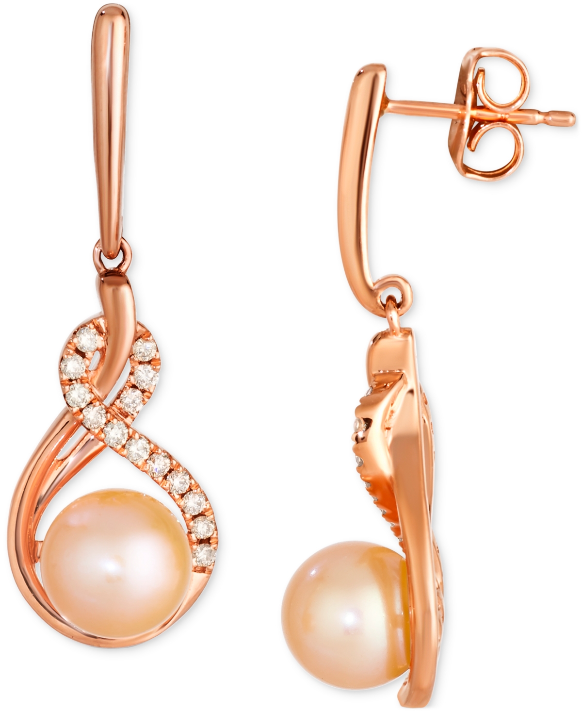 Le Vian Pink Freshwater Pearl (7mm) & Nude Diamond (1/5 Ct. T.w.) Twist Drop Earrings In 14k Rose Gold In 14k Strawberry Gold Earrings