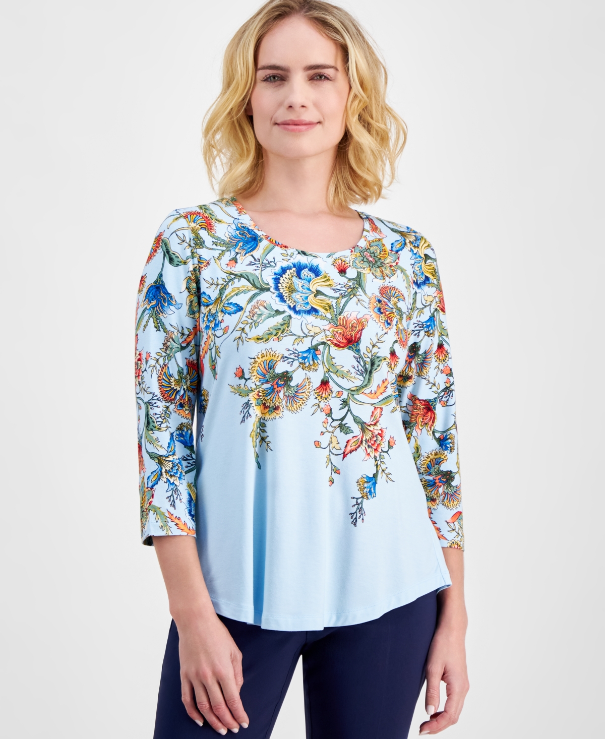 Jm Collection Petite Cascading Floral 3/4-Sleeve Top, Created for Macy's